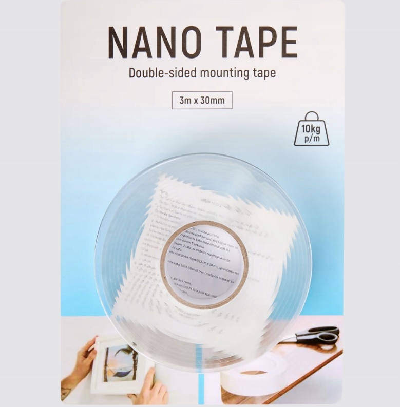Taśma Nano 3m x 30mm dwustronna wielokrotnego użytku, mocna, przezroczysta 1 Taśma Nano 3m x 30mm dwustronna wielokrotnego użytku, mocna, przezroczysta