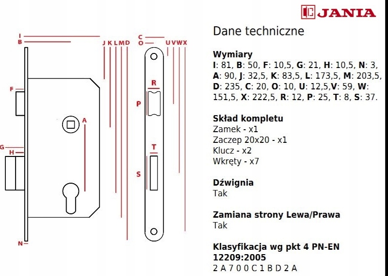 Zamek wpuszczany JANIA 90/50 na klucz 3 Zamek wpuszczany JANIA 90/50 na klucz - obrazek 3
