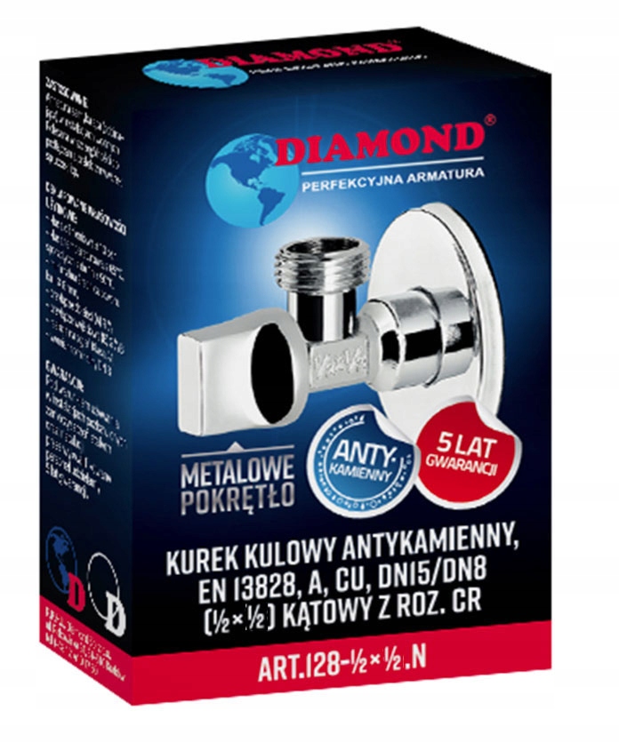 Zawór kulowy kątowy, antykamienny 3/4' ART.128 - metalowe pokrętło 1 Zawór kulowy kątowy, antykamienny 3/4' ART.128 - metalowe pokrętło
