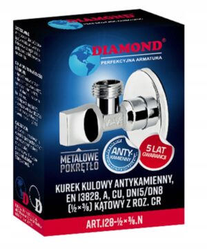 Zawór kulowy kątowy, antykamienny 3/8' ART.128 - metalowe pokrętło