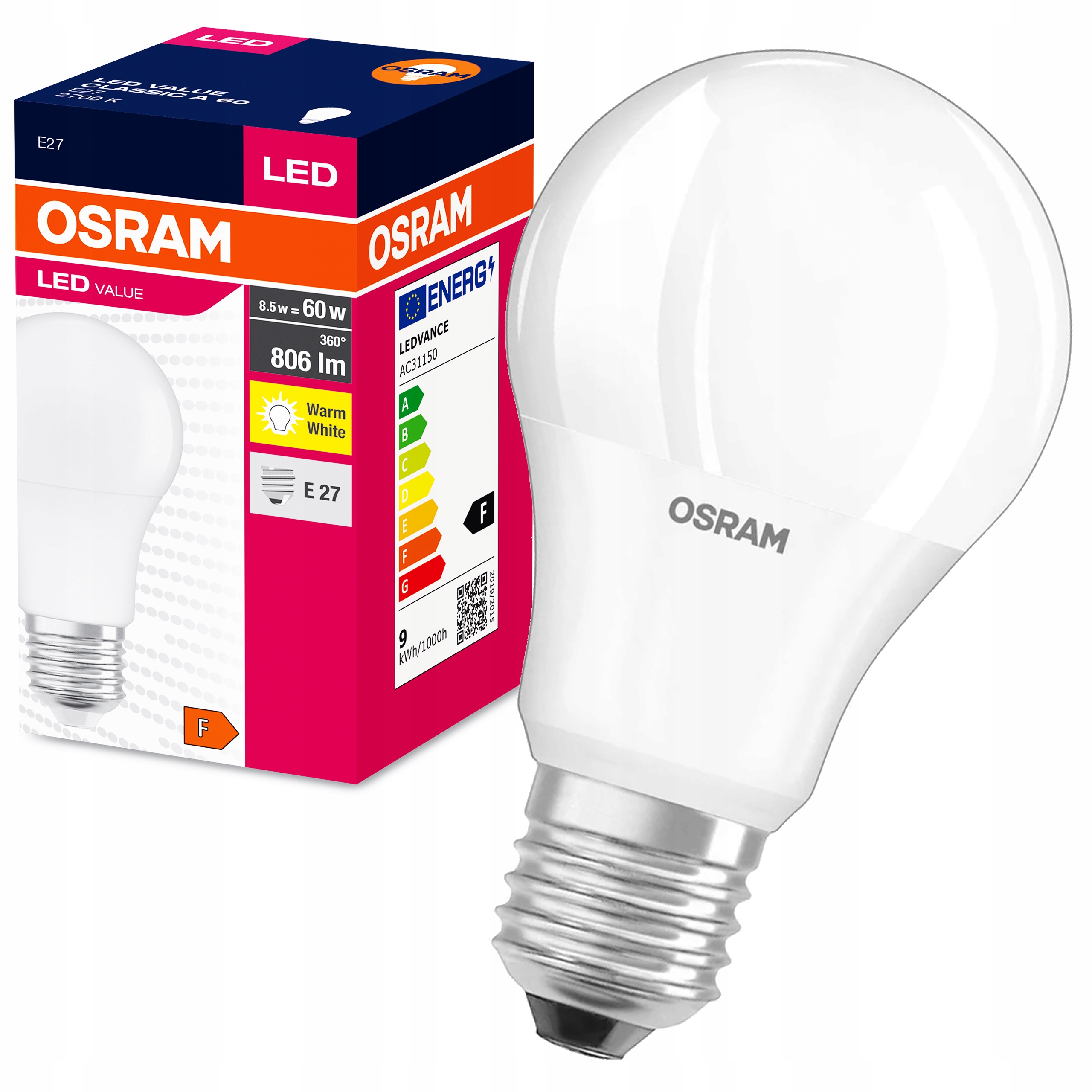 OSRAM Żarówka kulka LED E27 8,5W=60W 806lm 2700K barwa ciepła 1 OSRAM Żarówka kulka LED E27 8,5W=60W 806lm 2700K barwa ciepła