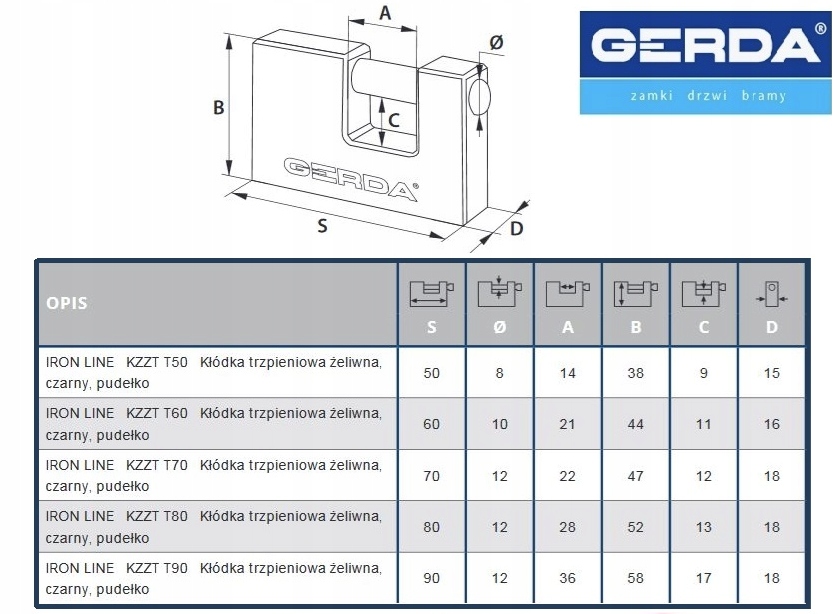 Kłódka Trzpieniowa GERDA KZZT-60 2 10856694116