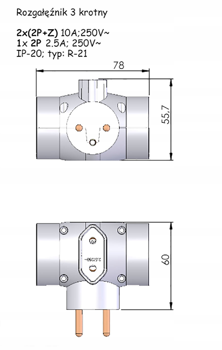 Rozgałęźnik Elektryczny na gniazda 2x Uziemienie + 1x płaskie - BIAŁY 2 15942687188