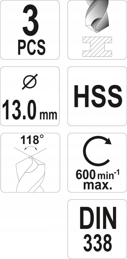 Wiertło HSS 13.0 mm – Zestaw 3 sztuk, Yato YT-4458 5 17153402065